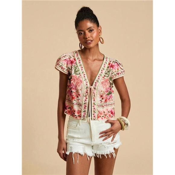 Variété Boutique Tops - NewTravachic Floral Print Tie Front Shirt, Casual For Vacation
